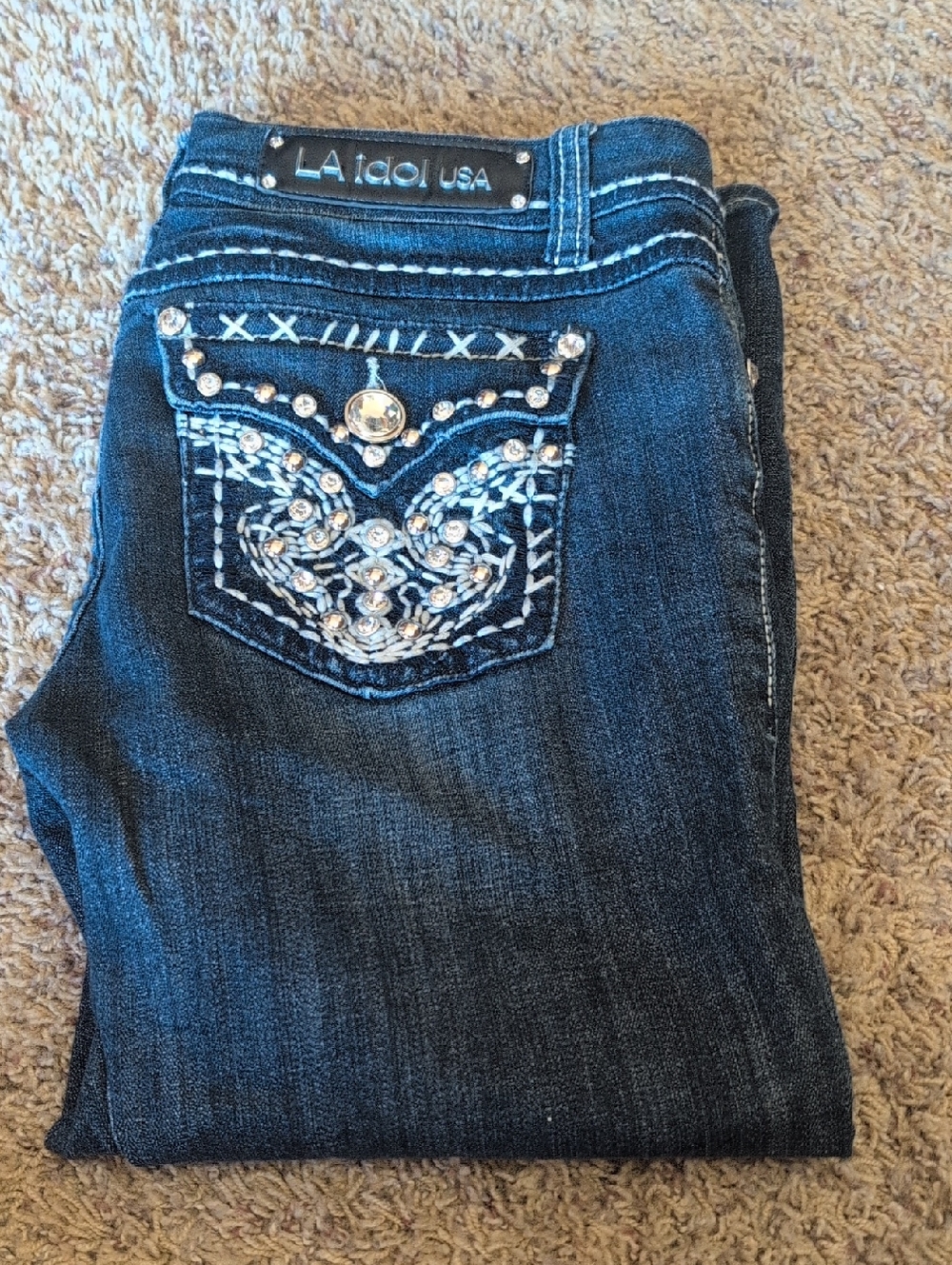L.A. idol Dark Blue Embellished Cropped Jeans